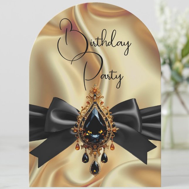 Elegant Birthday Gold Black Jewel Bow Invitation (Creator Uploaded)