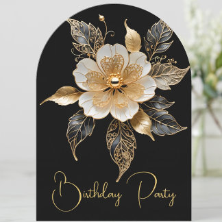 Elegant Birthday Gold Black White Flower Invitation