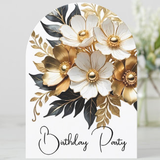 Elegant Birthday Gold Black White Flowers Invitation