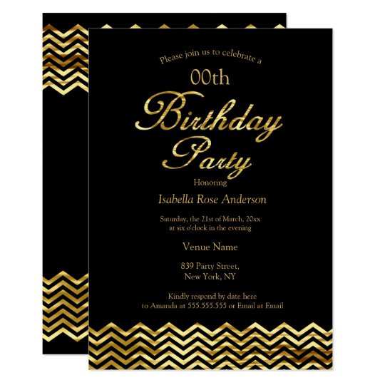 Elegant Birthday Gold Shimmer Chevron Stripe Black Invitation Elegant Birthday Gold Shimmer Chevron Stripe Black Invitation