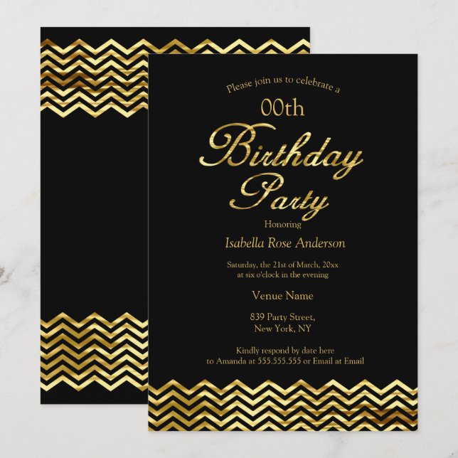 Elegant Birthday Gold Shimmer Chevron stripe Black Invitation (Front/Back)