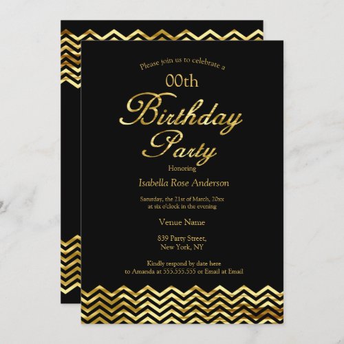 Elegant Birthday Gold Shimmer Chevron stripe Black Invitation