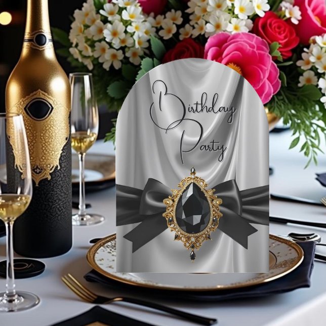 Elegant Birthday Gray Gold Black Jewel Bow Invitation (Creator Uploaded)