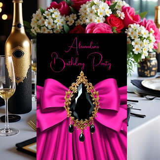 Elegant Birthday Hot Pink Gold Jewel Bow Black Invitation