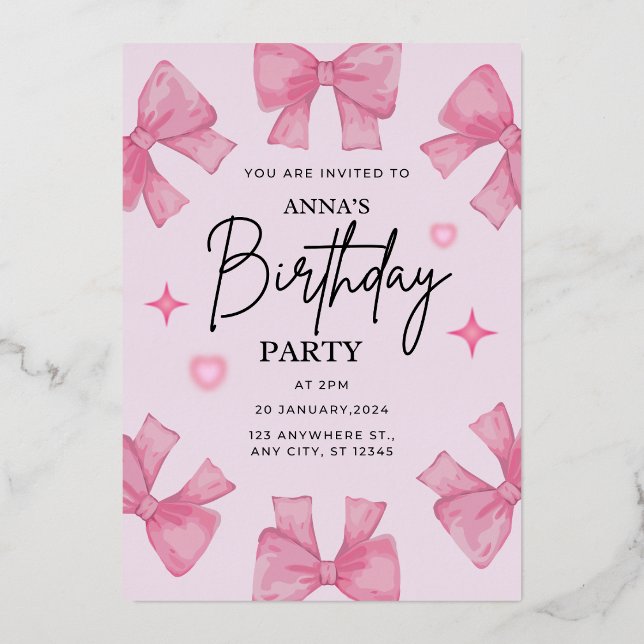 Elegant Birthday Invitation with Bow Design  Foil Invitation (Front)