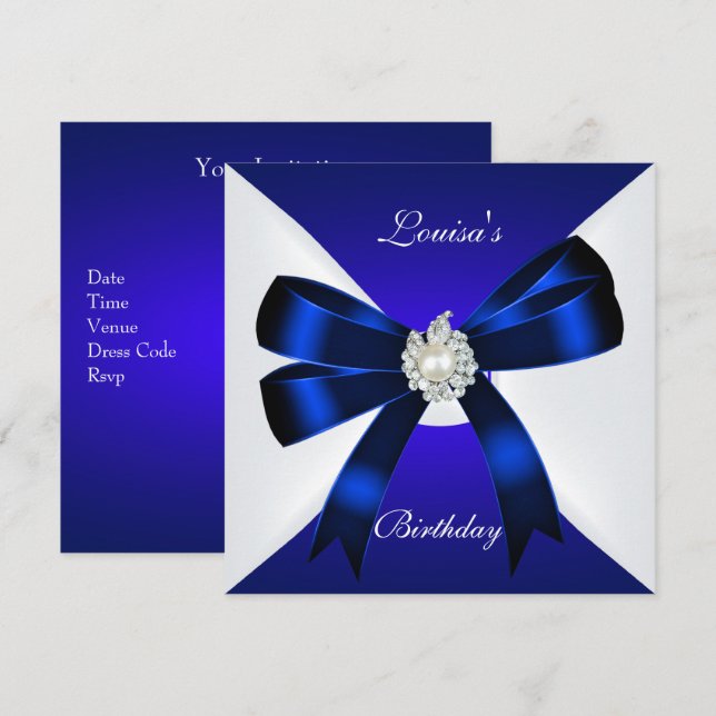 Elegant Birthday Invite Royal Blue Pearl White (Front/Back)