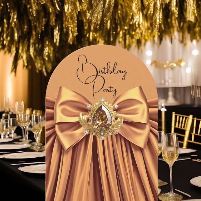 Elegant Birthday Mocha Caramel Gold Jewel Bow Invitation (Creator Uploaded)