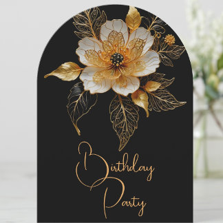 Elegant Birthday Orange Gold Black Flower Invitation