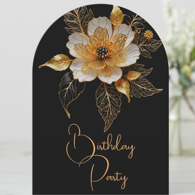 Elegant Birthday Orange Gold Black Flower Invitation (Creator Uploaded)