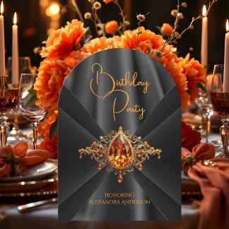 Elegant Birthday Orange gold Black Jewel Faux Silk Invitation