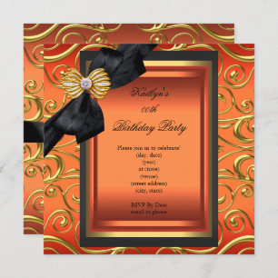 Elegant Birthday Party Black Damask Orange Gold Invitation