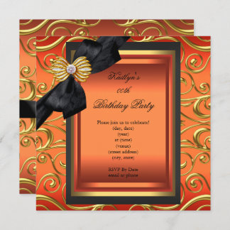 Elegant Birthday Party Black Damask Orange Gold Invitation