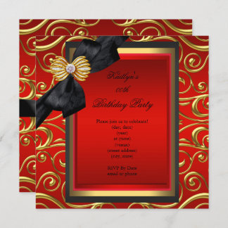 Elegant Birthday Party Black Damask Red Gold Invitation
