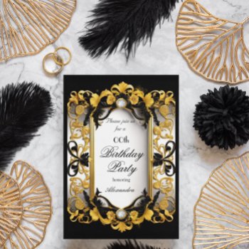 Elegant Birthday Party Black Floral Diamond Gold Invitation by Zizzago at Zazzle
