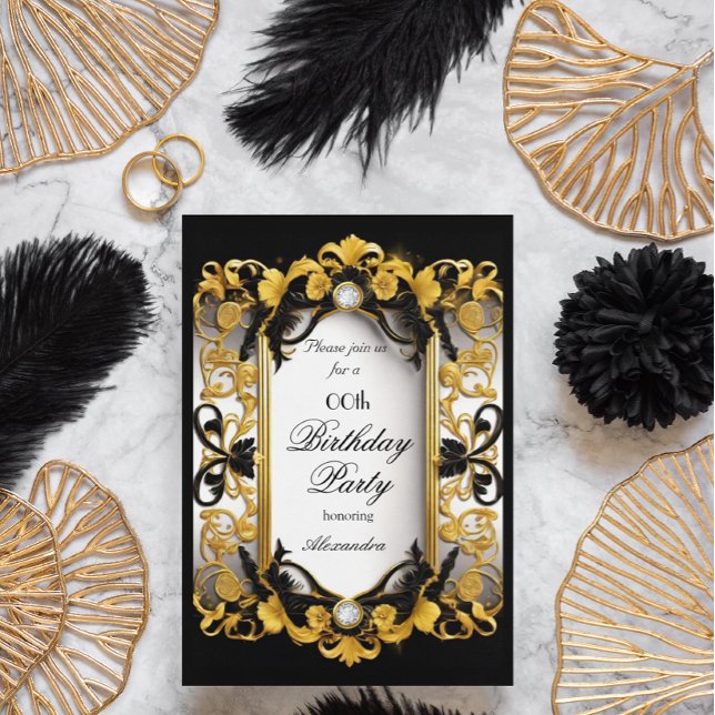 Elegant Birthday Party Black floral diamond Gold Invitation (Creator Uploaded)