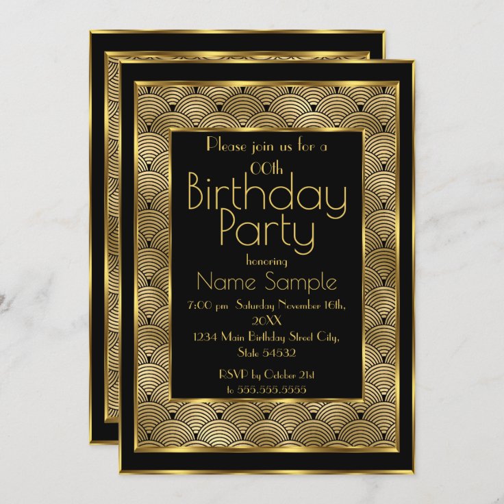 Elegant Birthday Party Black Gold Art Deco 1930's Invitation | Zazzle