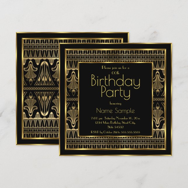 Elegant Birthday Party Black Gold Art Deco Invitation (Front/Back)