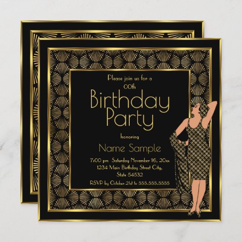 Elegant Birthday Party Black Gold Art Deco Lady 2 Invitation