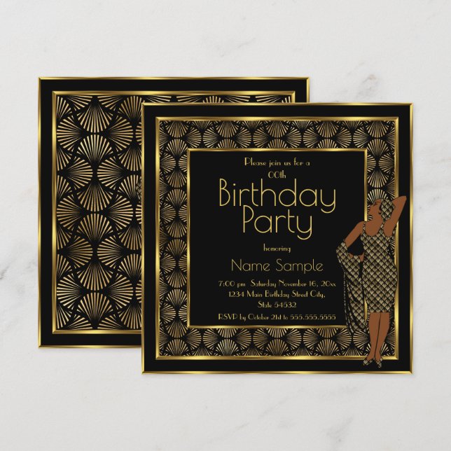 Elegant Birthday Party Black Gold Art Deco Lady Invitation (Front/Back)