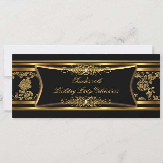 Elegant Birthday Party Black Gold Damask Invitation (Front)