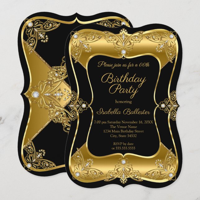 Elegant Birthday Party Black Gold Elite Diamond 3 Invitation (Front/Back)