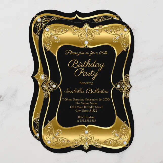 Elegant Birthday Party Black Gold Elite Diamond 3 Invitation | Zazzle