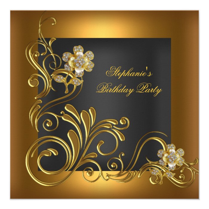 Elegant Birthday Party Black Gold Flower Invitations