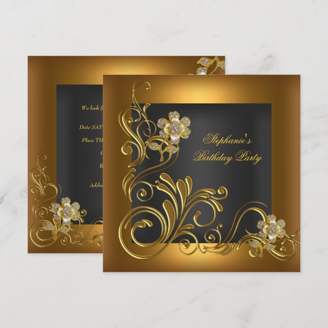 Elegant Birthday Party Black Gold Flower Invitation (Front/Back)