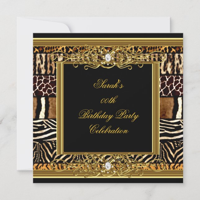Elegant Birthday Party Black Gold Mixed Animal Invitation (Front)