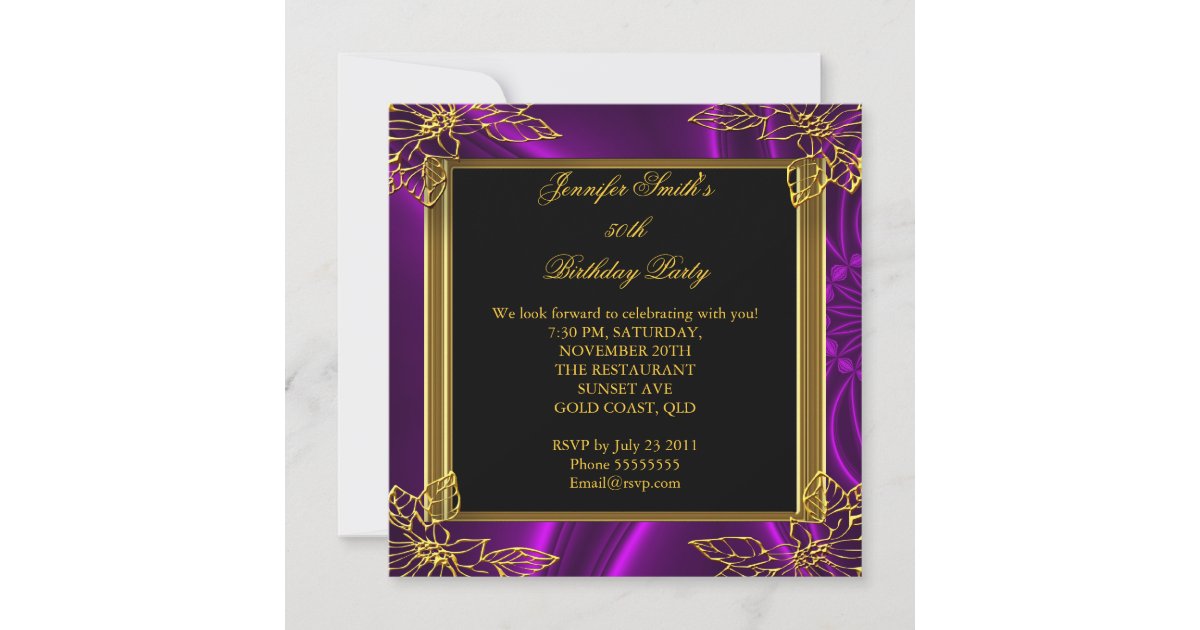 Elegant Birthday Party Black Purple Gold Invitation | Zazzle