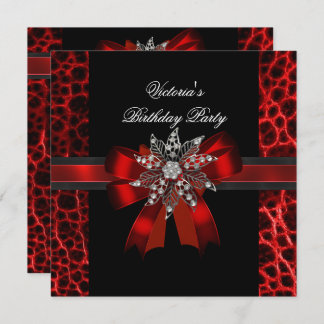 Elegant Birthday Party Black Red Bow Jewel Invitation