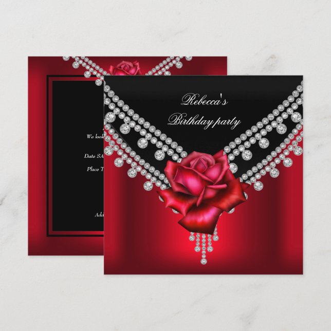 Elegant Birthday Party Black Red Rose Diamond Invitation (Front/Back)