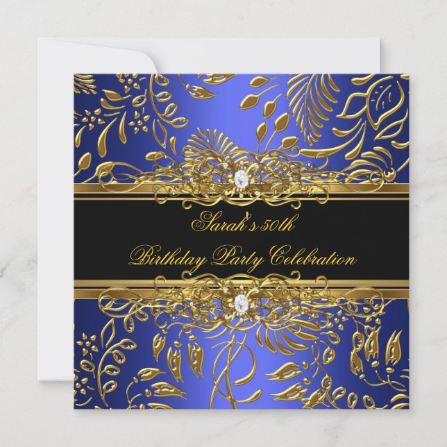 Elegant Birthday Party Blue Black Gold Damask Invitation (Front)