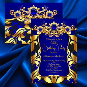 Elegant Birthday Party Blue Gold Black Damask Gems Invitation