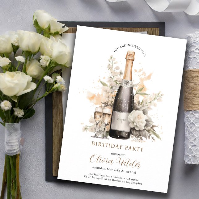 Elegant Birthday Party | Champagne Floral Invitation (Creator Uploaded)