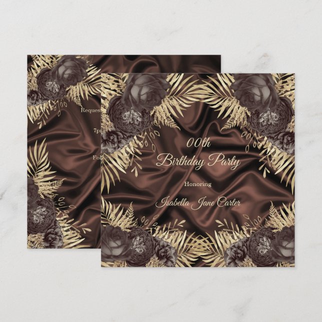 Elegant Birthday Party Chocolate Silk brown Floral Invitation (Front/Back)