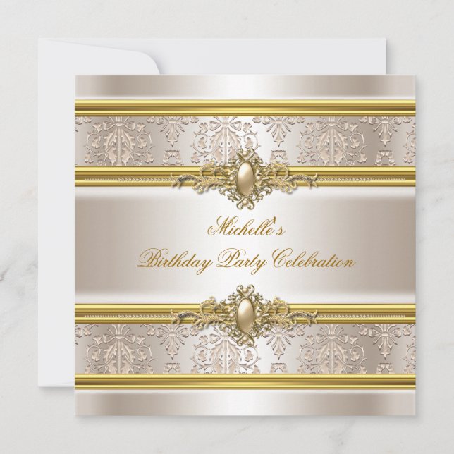 Elegant Birthday Party Damask Cream Gold Pearl Invitation (Front)
