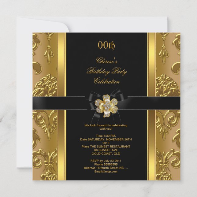 Elegant Birthday Party Damask Gold Diamond Black 2 Invitation (Front)