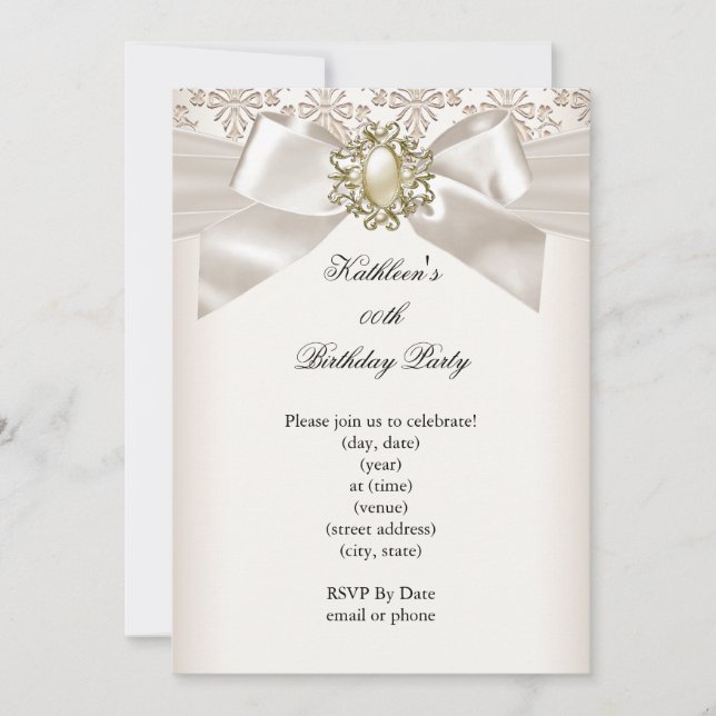 Elegant Birthday Party Damask Pearl Cream 3 Invitation (Front)