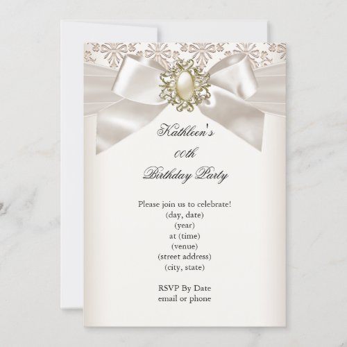 Elegant Birthday Party Damask Pearl Cream 3 Personalized Announcements