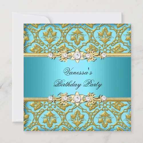 Elegant Birthday Party Damask Teal Blue Gold Custom Announcements