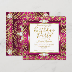 Elegant Birthday Party Deep Pink Gold Diamond Gem Invitation