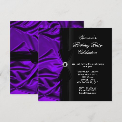Elegant Birthday Party Deep Purple Silk Black 5.25x5.25 Square Paper Invitation Card