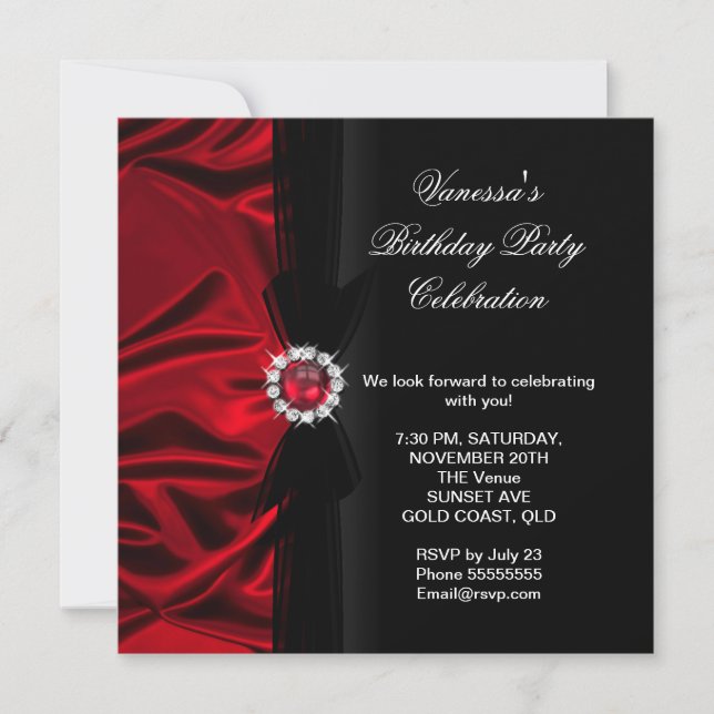 Elegant Birthday Party Deep Red Silk Black 2 Invitation (Front)