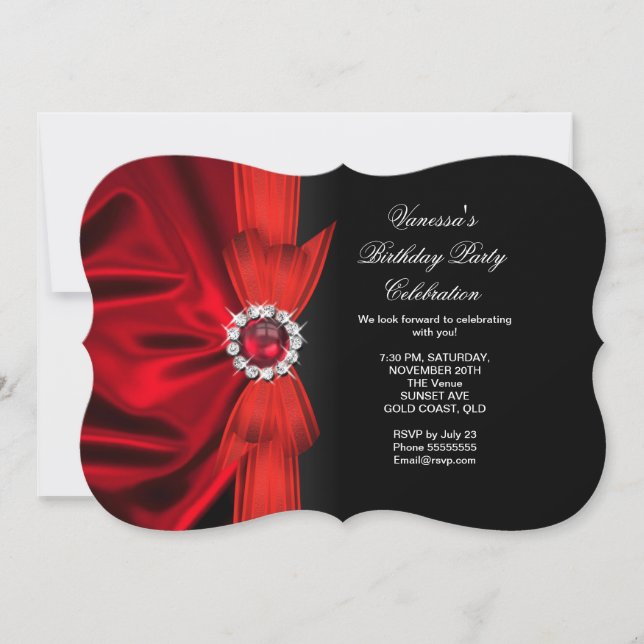 Elegant Birthday Party Deep Red Silk Black 3 Invitation (Front)