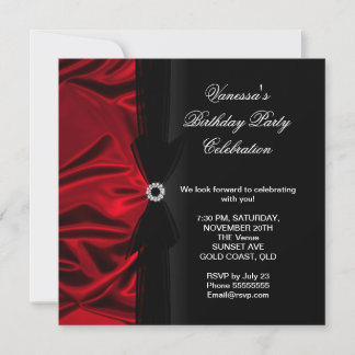 Elegant Birthday Party Deep Red Silk Black Invitation