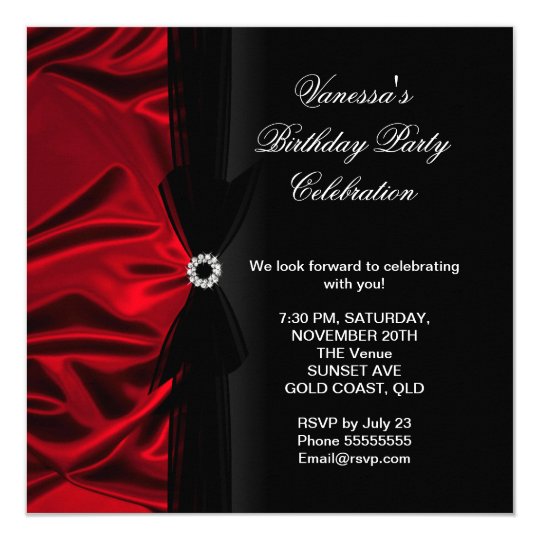 Elegant Birthday Party Deep Red Silk Black Invitation
