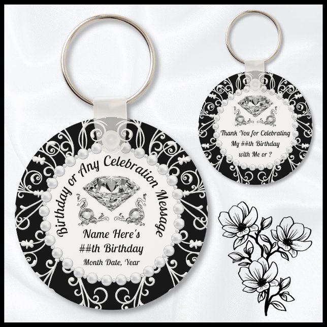 Elegant Birthday Party Favors, Any YEAR, COLORS Keychain (Elegant Birthday Favors for adults. Perfect for her, Diamonds and Pearls Birthday Theme. 30th, 60th)