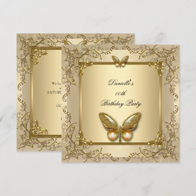 Elegant Birthday Party Gold Beige Butterfly Invitation (Front/Back)