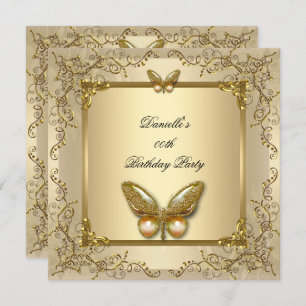Elegant Birthday Party Gold Beige Butterfly Invitation